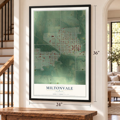 Miltonvale, Kansas map, 24 x 36 inch print in a black frame by a staircase
