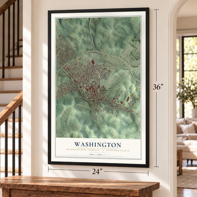 Washington, Washington County, Pennsylvania map, 24 x 36 inch print in a black frame by a staircase