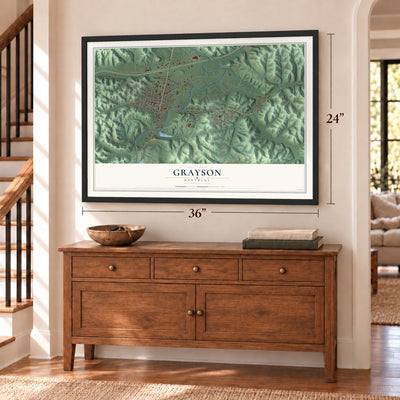 Grayson, Kentucky map, 24 x 36 inch print in a black frame above a dresser by a staircase
