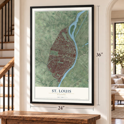 St. Louis, Missouri map, 24 x 36 inch print in a black frame by a staircase