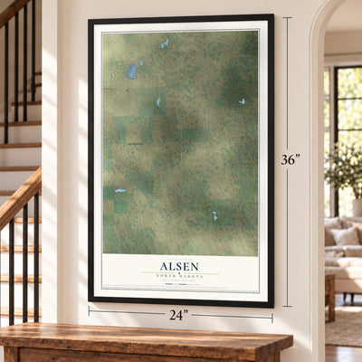 Alsen, North Dakota map, 24 x 36 inch print in a black frame by a staircase