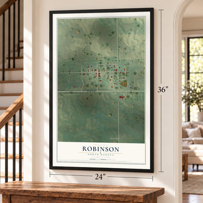 Robinson, North Dakota map, 24 x 36 inch print in a black frame by a staircase