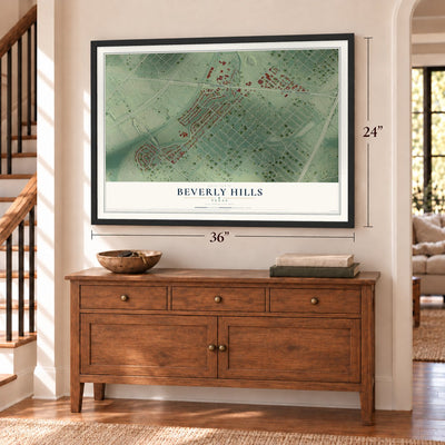 Beverly Hills, Texas map, 24 x 36 inch print in a black frame above a dresser by a staircase