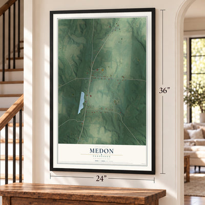 Medon, Tennessee map, 24 x 36 inch print in a black frame by a staircase