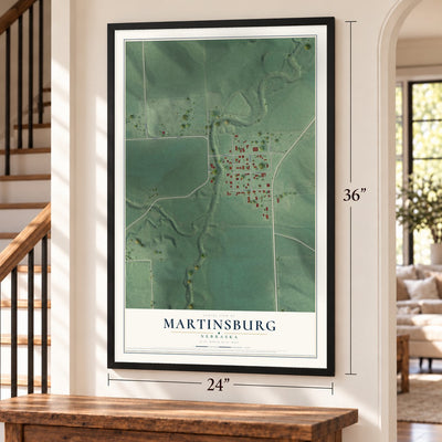 Martinsburg, Nebraska map, 24 x 36 inch print in a black frame by a staircase