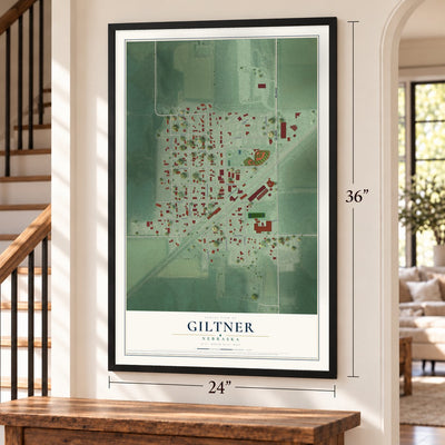 Giltner, Nebraska map, 24 x 36 inch print in a black frame by a staircase