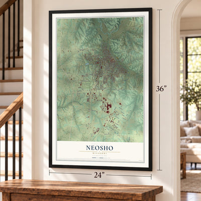 Neosho, Missouri map, 24 x 36 inch print in a black frame by a staircase