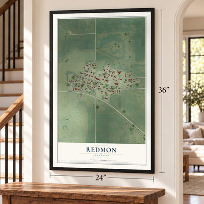 Redmon, Illinois map, 24 x 36 inch print in a black frame by a staircase