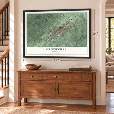 Greeneville, Tennessee map, 24 x 36 inch print in a black frame above a dresser by a staircase