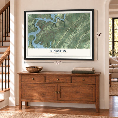 Kingston, Tennessee map, 24 x 36 inch print in a black frame above a dresser by a staircase