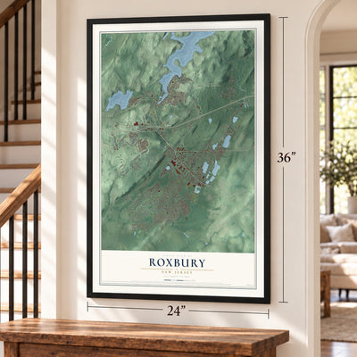 Roxbury, New Jersey map, 24 x 36 inch print in a black frame by a staircase