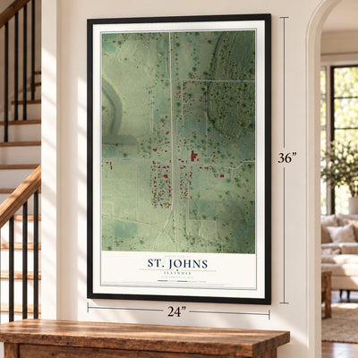 St. Johns, Illinois map, 24 x 36 inch print in a black frame by a staircase