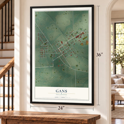 Gans, Oklahoma map, 24 x 36 inch print in a black frame by a staircase