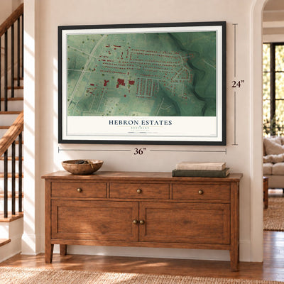 Hebron Estates, Kentucky map, 24 x 36 inch print in a black frame above a dresser by a staircase