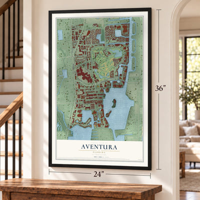 Aventura, Florida map, 24 x 36 inch print in a black frame by a staircase