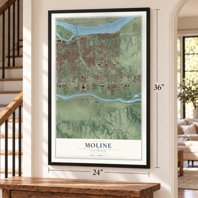 Moline, Illinois map, 24 x 36 inch print in a black frame by a staircase