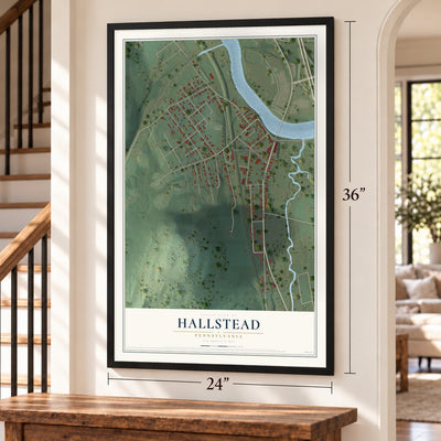 Hallstead, Pennsylvania map, 24 x 36 inch print in a black frame by a staircase