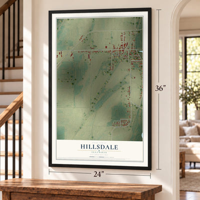 Hillsdale, Illinois map, 24 x 36 inch print in a black frame by a staircase