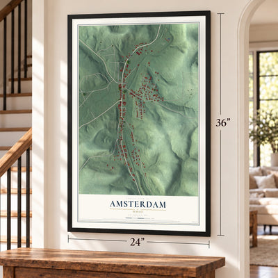 Amsterdam, Ohio map, 24 x 36 inch print in a black frame by a staircase