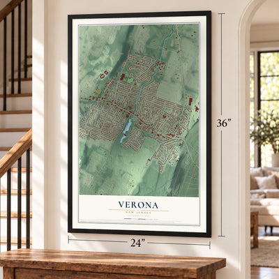 Verona, New Jersey map, 24 x 36 inch print in a black frame by a staircase