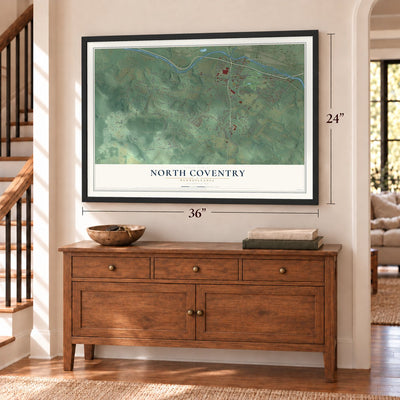 North Coventry, Pennsylvania map, 24 x 36 inch print in a black frame above a dresser by a staircase