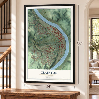 Clairton, Pennsylvania map, 24 x 36 inch print in a black frame by a staircase
