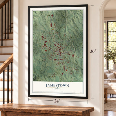 Jamestown, Tennessee map, 24 x 36 inch print in a black frame by a staircase
