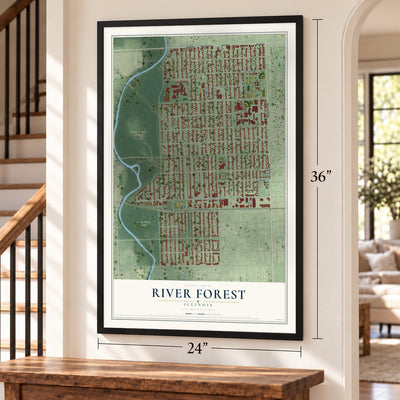 River Forest, Illinois map, 24 x 36 inch print in a black frame by a staircase