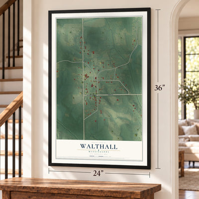Walthall, Mississippi map, 24 x 36 inch print in a black frame by a staircase