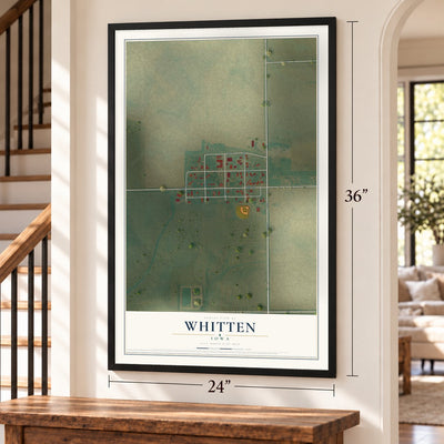 Whitten, Iowa map, 24 x 36 inch print in a black frame by a staircase