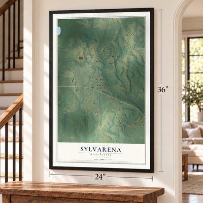 Sylvarena, Mississippi map, 24 x 36 inch print in a black frame by a staircase
