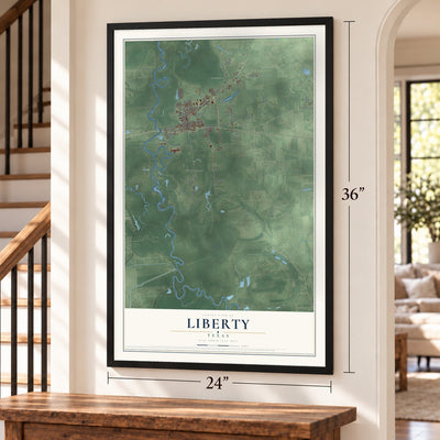 Liberty, Texas map, 24 x 36 inch print in a black frame by a staircase