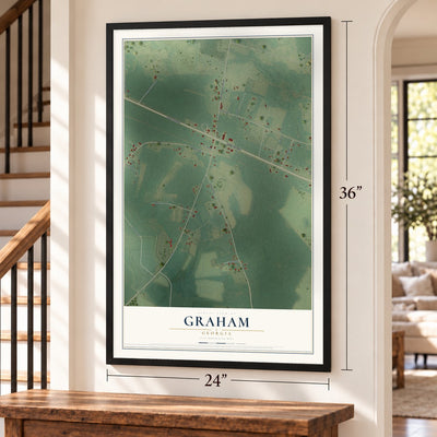 Graham, Georgia map, 24 x 36 inch print in a black frame by a staircase