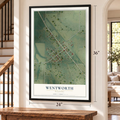 Wentworth, Missouri map, 24 x 36 inch print in a black frame by a staircase