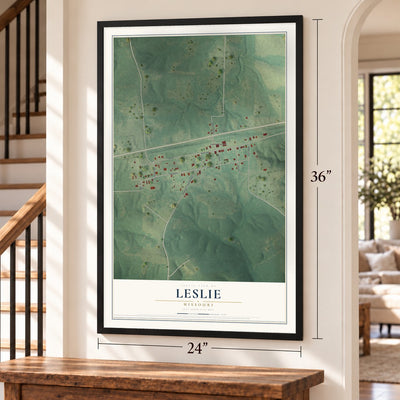Leslie, Missouri map, 24 x 36 inch print in a black frame by a staircase