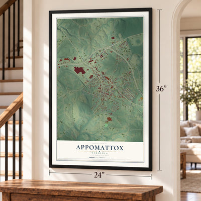 Appomattox, Virginia map, 24 x 36 inch print in a black frame by a staircase