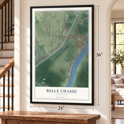 Belle Chasse, Louisiana map, 24 x 36 inch print in a black frame by a staircase