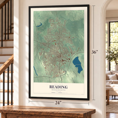 Reading, Massachusetts map, 24 x 36 inch print in a black frame by a staircase