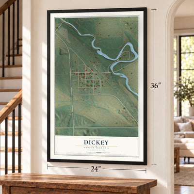Dickey, North Dakota map, 24 x 36 inch print in a black frame by a staircase