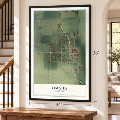 Omaha, Illinois map, 24 x 36 inch print in a black frame by a staircase