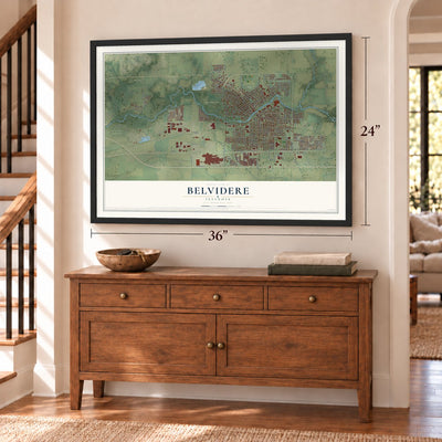 Belvidere, Illinois map, 24 x 36 inch print in a black frame above a dresser by a staircase