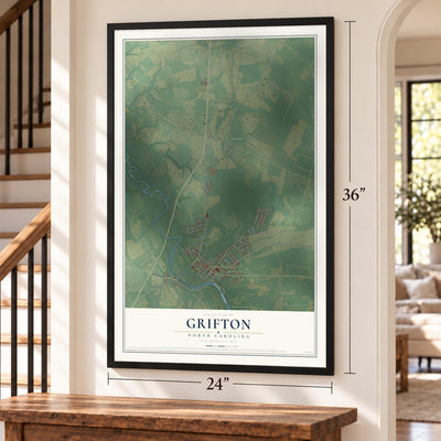 Grifton, North Carolina map, 24 x 36 inch print in a black frame by a staircase