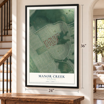 Manor Creek, Kentucky map, 24 x 36 inch print in a black frame by a staircase
