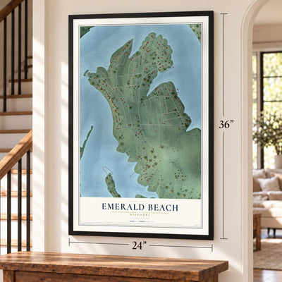 Emerald Beach, Missouri map, 24 x 36 inch print in a black frame by a staircase
