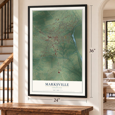 Marksville, Louisiana map, 24 x 36 inch print in a black frame by a staircase