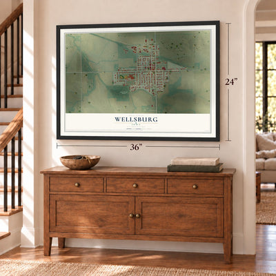 Wellsburg, Iowa map, 24 x 36 inch print in a black frame above a dresser by a staircase