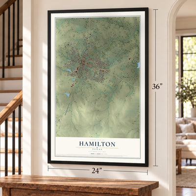 Hamilton, Texas map, 24 x 36 inch print in a black frame by a staircase
