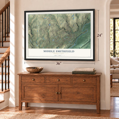 Middle Smithfield, Pennsylvania map, 24 x 36 inch print in a black frame above a dresser by a staircase