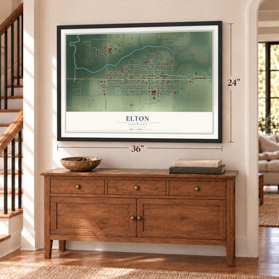 Elton, Louisiana map, 24 x 36 inch print in a black frame above a dresser by a staircase