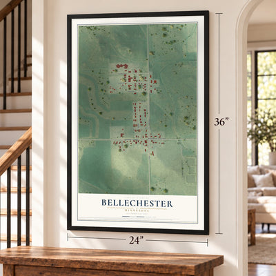Bellechester, Minnesota map, 24 x 36 inch print in a black frame by a staircase